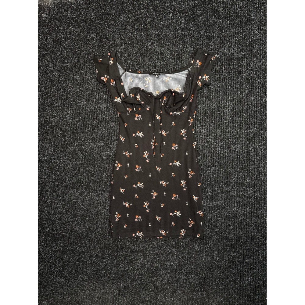 Lovely Day Black Floral Ribbed Mini Dress Small Sweetheart Neck Cap Sleeve
